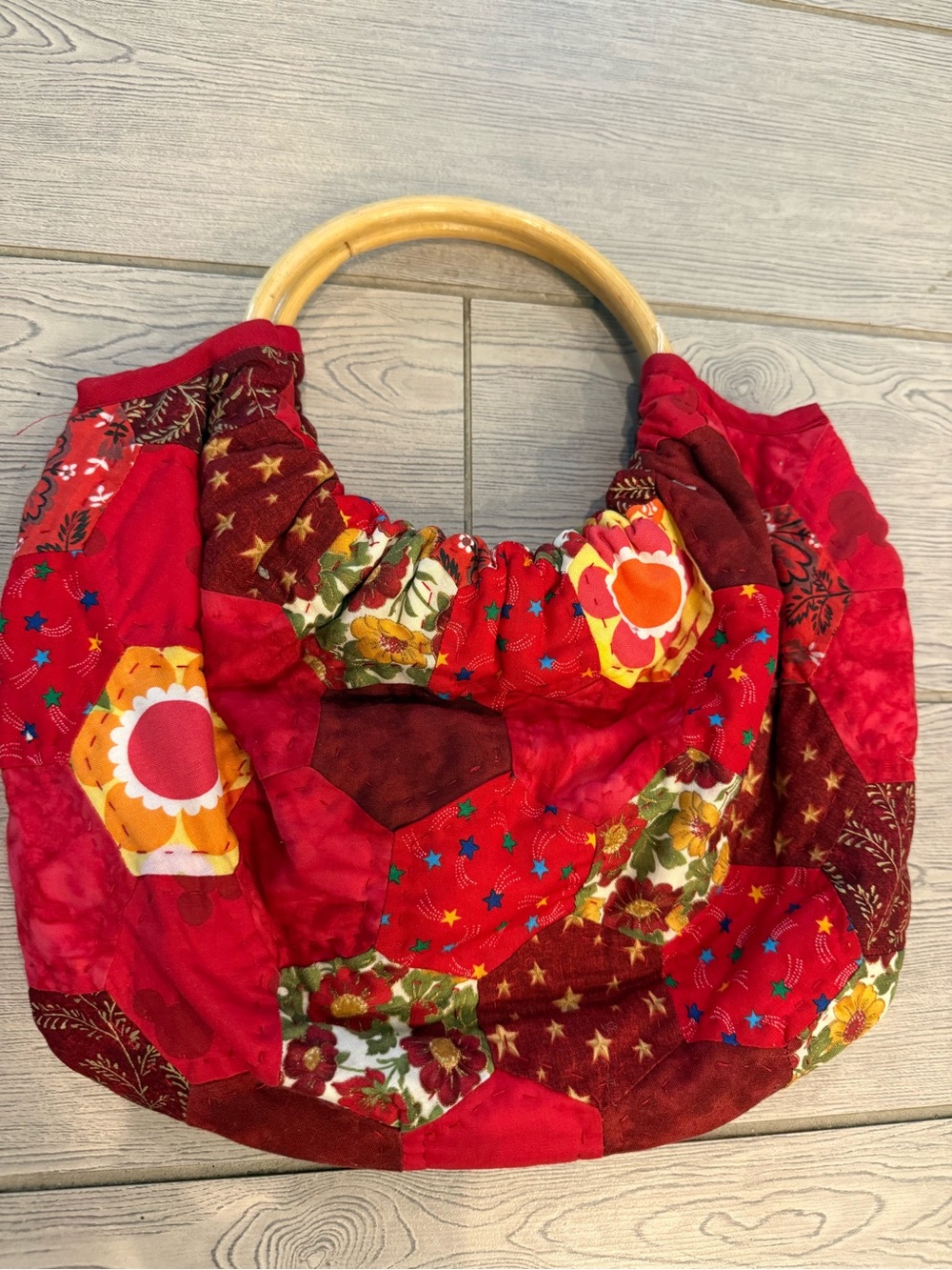 Handcrafted Red Patchwork Quilted Tote with Bamboo  Handles